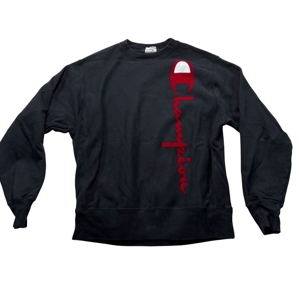 Champion Reverse Weave Sweatshirt Black Vertical Big Logo Crewneck Medium #1